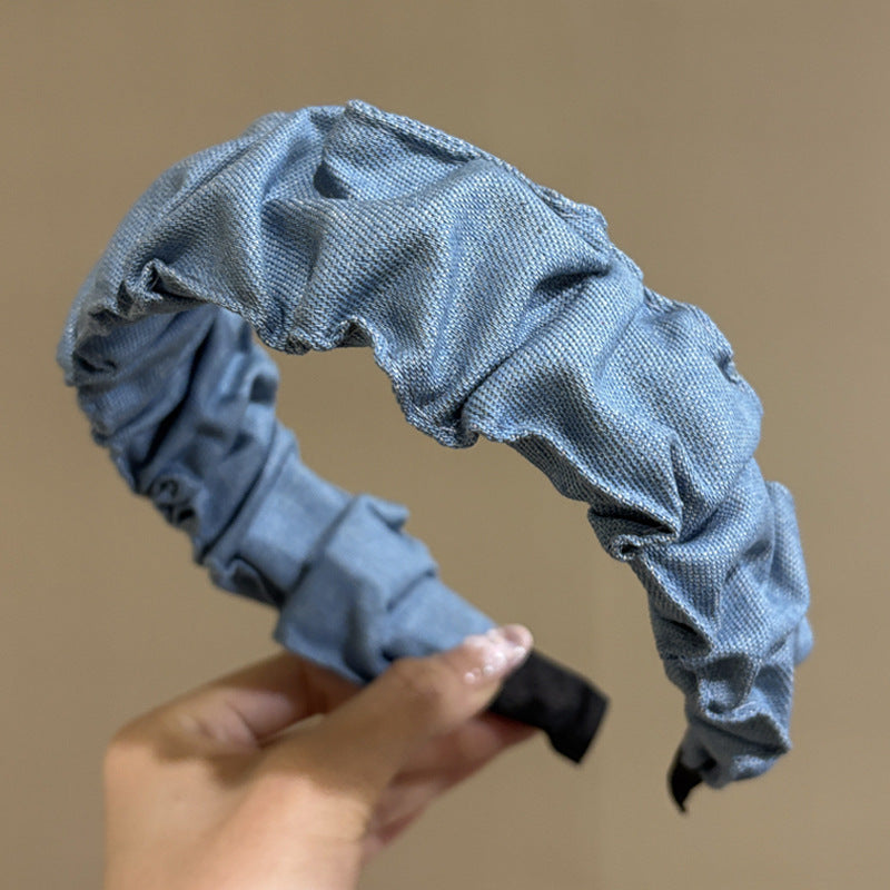 "Denim Ruffle Headband – Casual-Chic Scrunched Hair Accessory for Everyday Style"